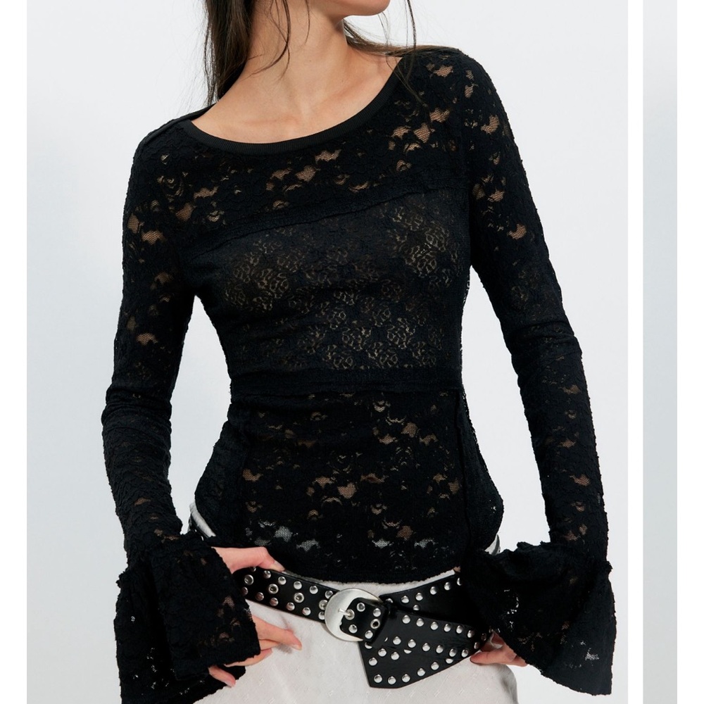 FREE PEOPLE LACEY SHEER LONG SLEEVE BLACK TOP SMALL